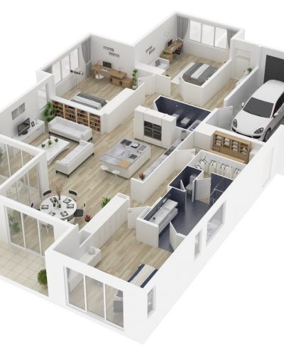 Floor plan of a house top view 3D illustration. Open concept liv Floor plan of a house top view 3D illustration. Open concept liv