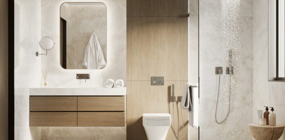 3d modern bathroom with wooden and white marble details