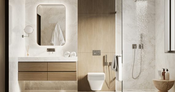 3d modern bathroom with wooden and white marble details